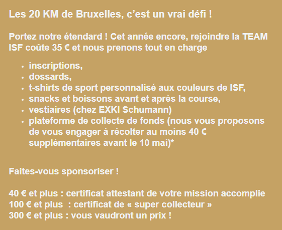 Rejoignez La Team ISF aux 20 km de Bruxelles 2018