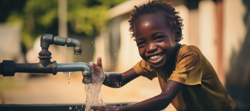 Un enfant togolais souriant, mains sous l'eau qui coule d'un robinet