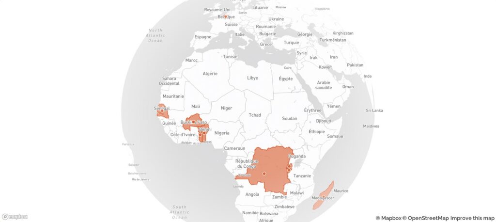 Carte des pays partenaires d'ISF : Togo, Sénégal, Burundi, Rwanda, RDC, Bénin, Burkina Faso, Madagascar, Belgique