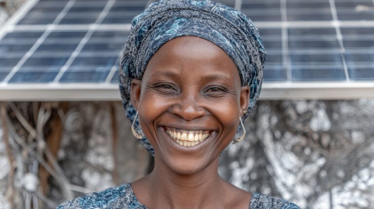Femme souriante devant des panneaux solaires installes sur le terrain