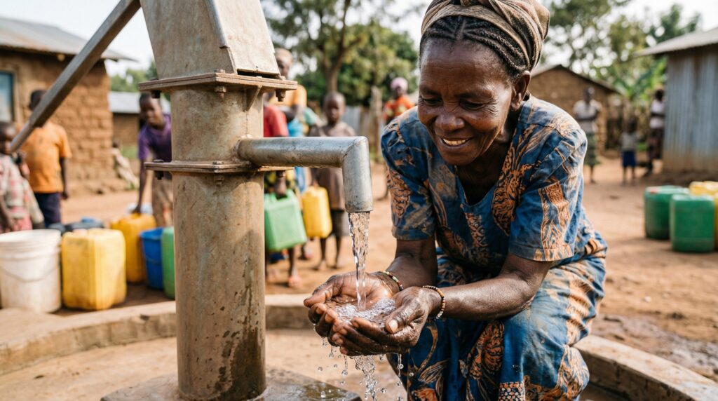 Femme agee souriante recueillant de l eau potable dans ses mains sous une pompe